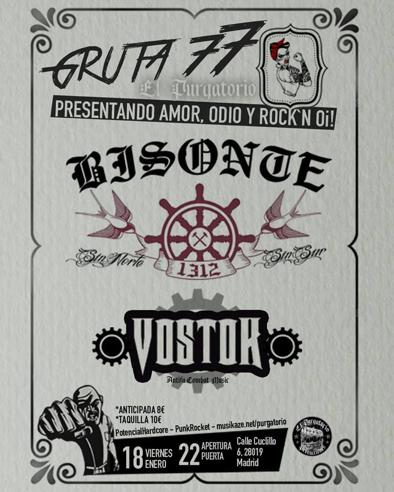Cartel del concierto de Bisonte 1312 + Vostok @ Gruta 77, Madrid, el viernes 18 de enero de 2019